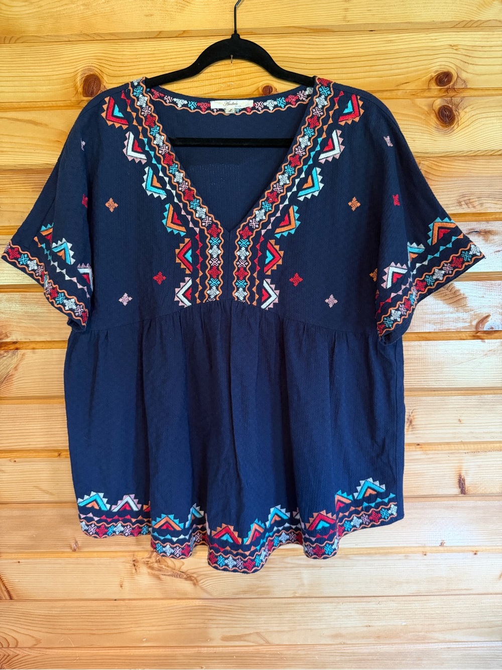 ANDREE BY UNIT Navy Embroidered V-Neck Tunic with Multicolor Accents